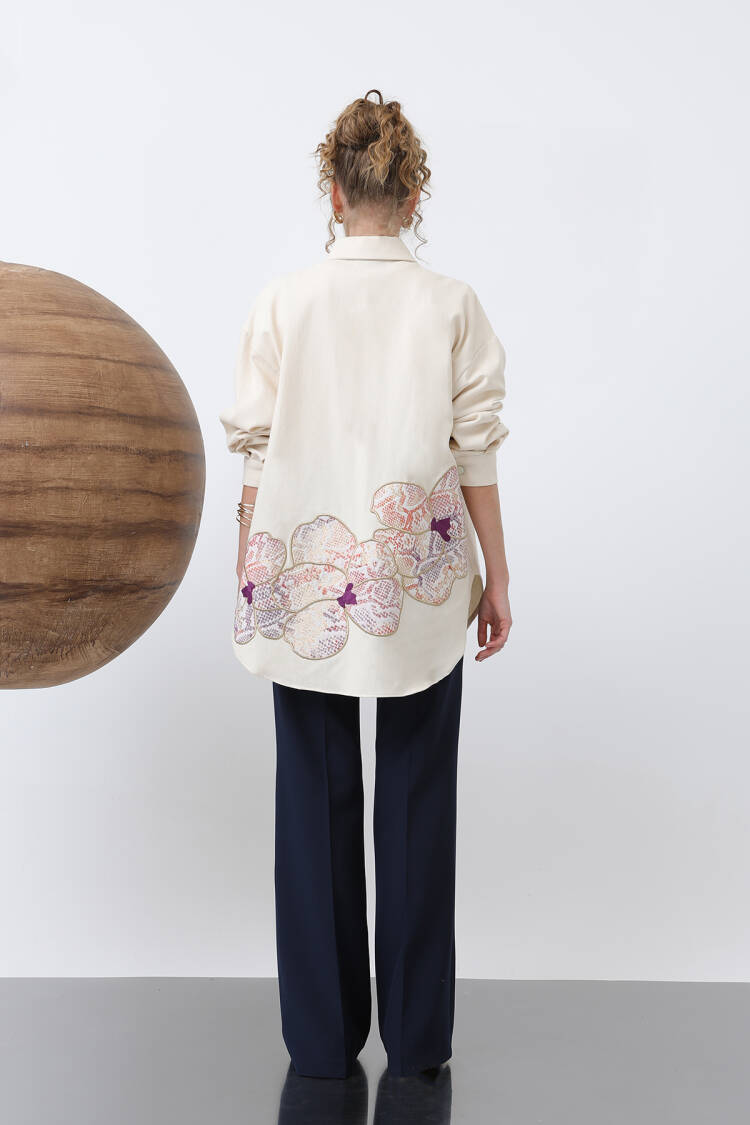 Front Garni Pocket Detailed Back Embroidered Tunic - Beige
