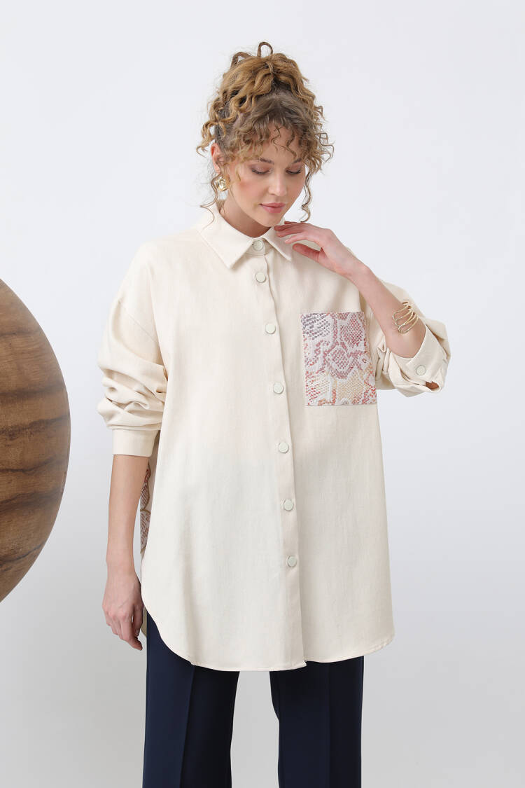 Front Garni Pocket Detailed Back Embroidered Tunic - Beige