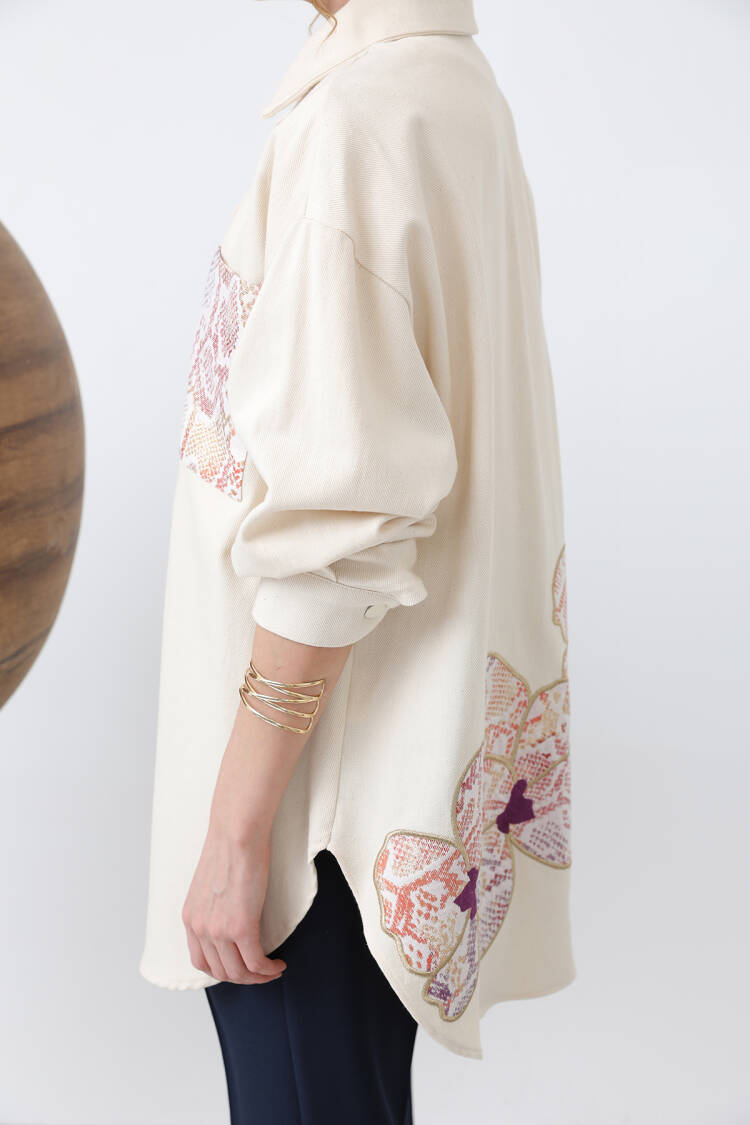 Front Garni Pocket Detailed Back Embroidered Tunic - Beige