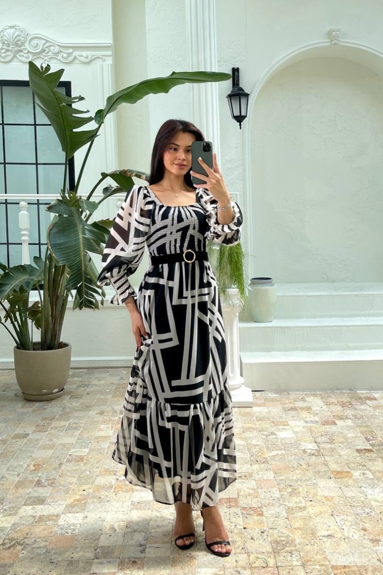 Patterned Midi Length Chiffon Dress - Grey - Mode Roy - Globality Store - Women Clothes Wholesale Turkey