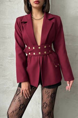 Design Snap Detailed Blazer Jacket - Burgundy - Mode Roy - Globality Store - Women Clothes Wholesale Turkey