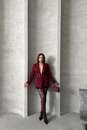 Design Snap Detailed Blazer Jacket - Burgundy - Mode Roy - Globality Store - Women Clothes Wholesale Turkey