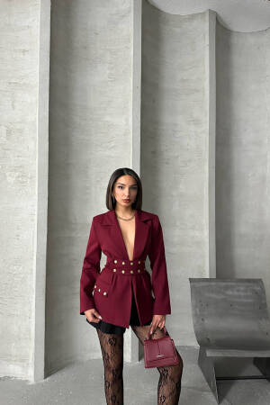 Design Snap Detailed Blazer Jacket - Burgundy - Mode Roy - Globality Store - Women Clothes Wholesale Turkey