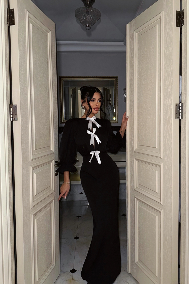 Black Balloon Sleeve Long Dress