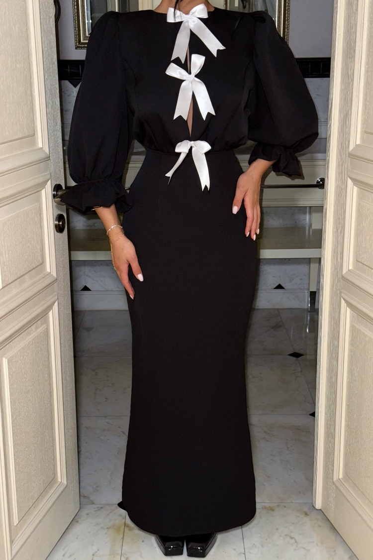 Black Balloon Sleeve Long Dress