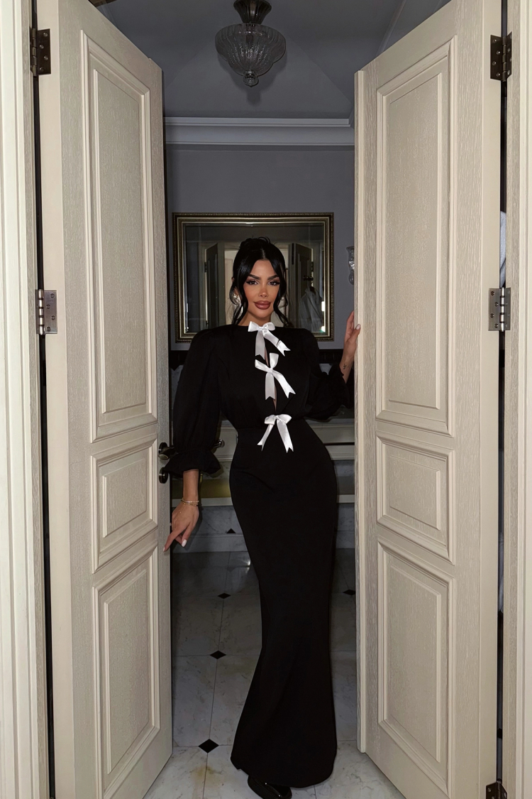 Black Balloon Sleeve Long Dress - EYYO ATELIER - Globality Store - Women Clothes Wholesale Turkey