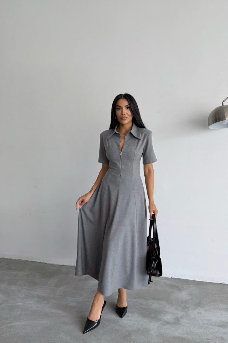 Polyviscose Dress Short Sleeve Collar And Zipper Detailed - Ello - Globality Store - Women Clothes Wholesale Turkey