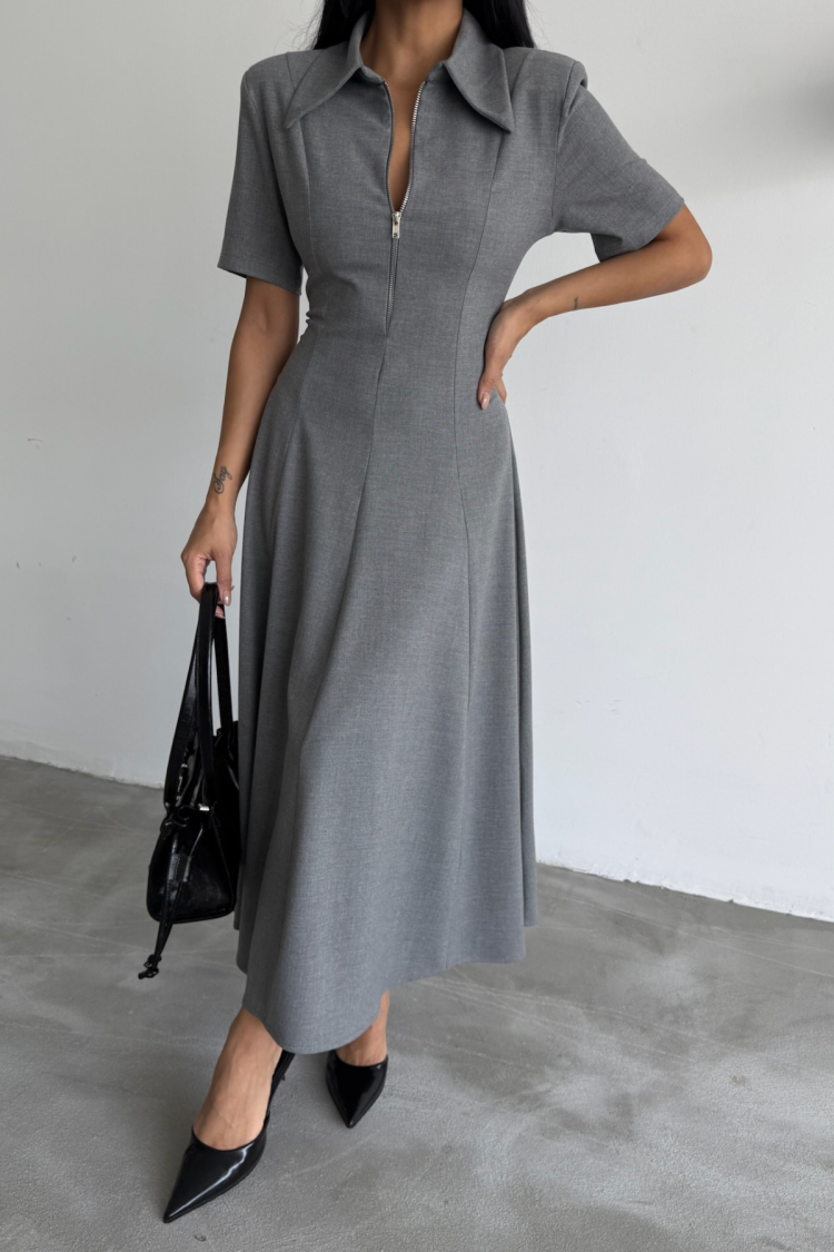 Polyviscose Dress Short Sleeve Collar And Zipper Detailed