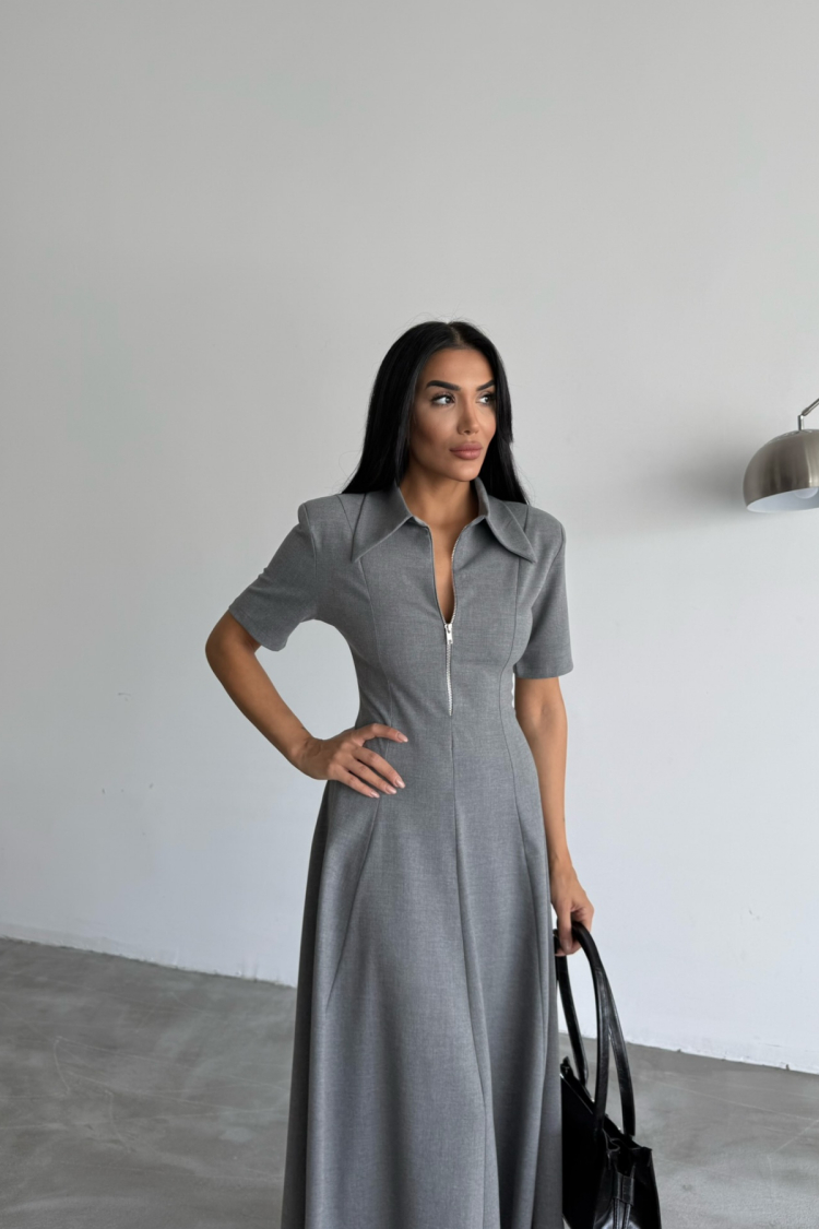 Polyviscose Dress Short Sleeve Collar And Zipper Detailed