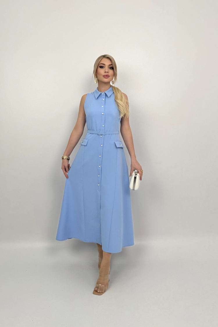 Pearl Buttoned Belted Sleeveless Long Dress