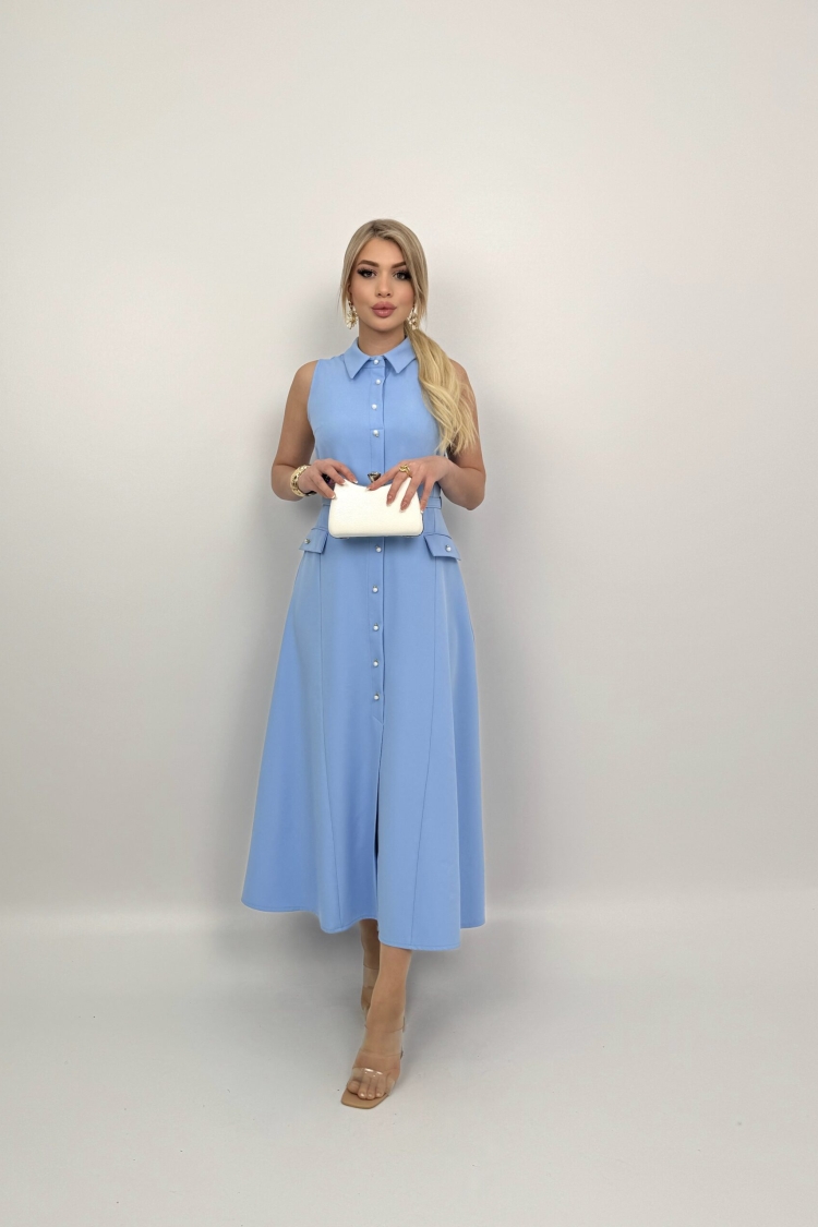 Pearl Buttoned Belted Sleeveless Long Dress - Miss Janell - Globality Store - Women Clothes Wholesale Turkey
