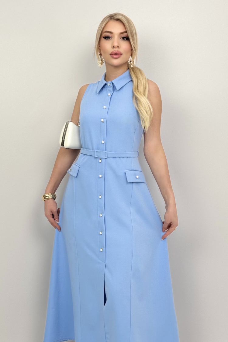 Pearl Buttoned Belted Sleeveless Long Dress