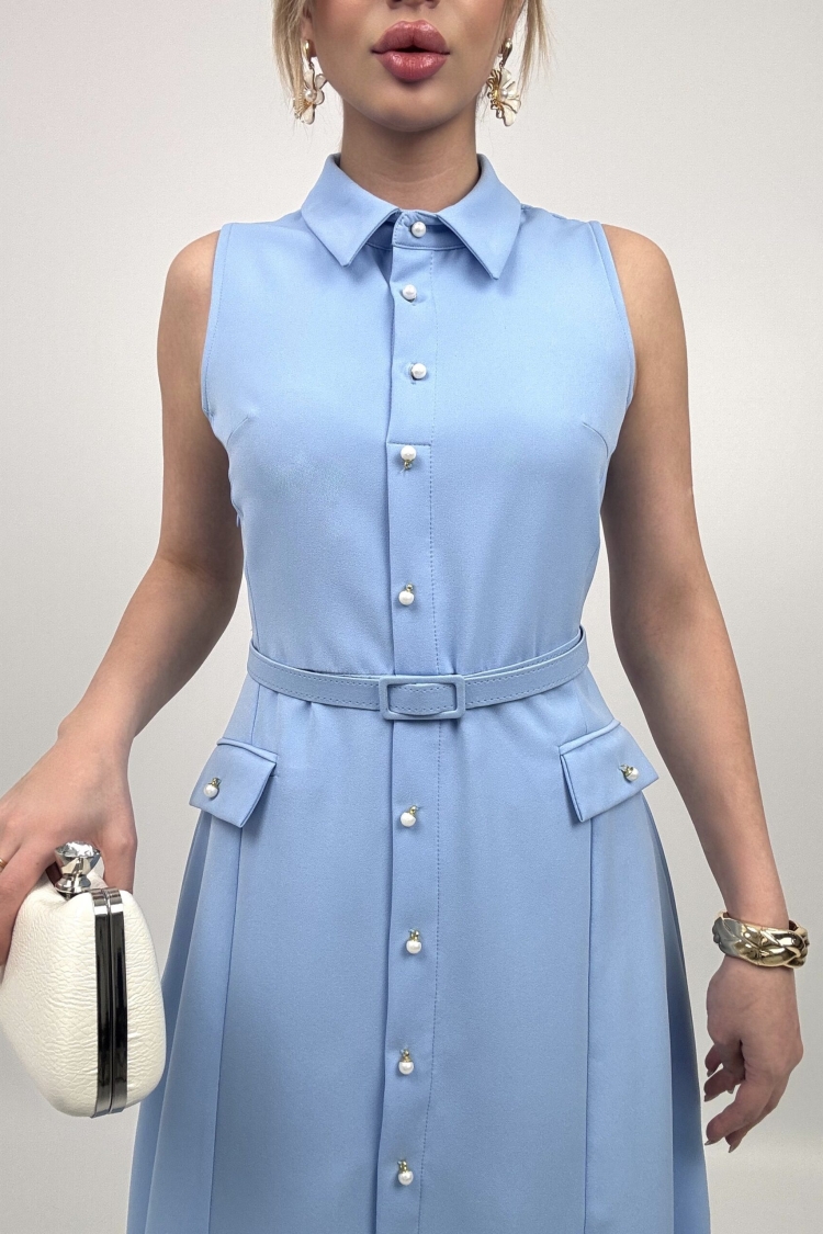 Pearl Buttoned Belted Sleeveless Long Dress