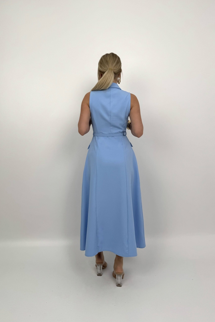 Pearl Buttoned Belted Sleeveless Long Dress