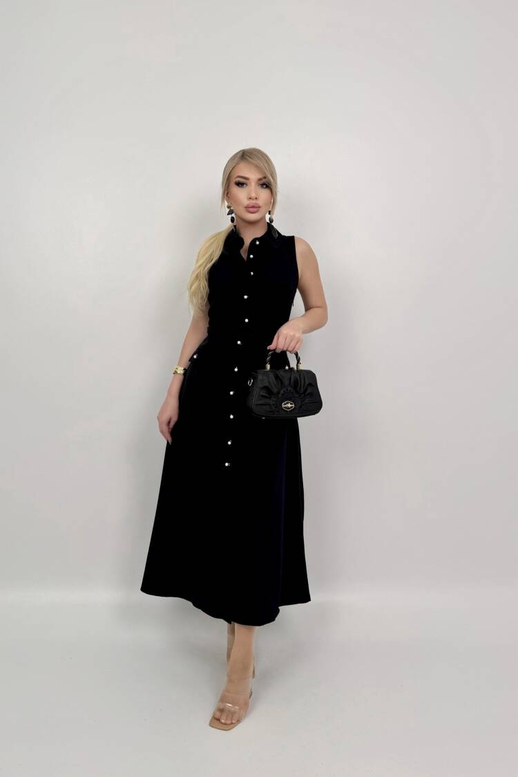 Pearl Buttoned Belted Sleeveless Long Dress - Miss Janell - Globality Store - Women Clothes Wholesale Turkey