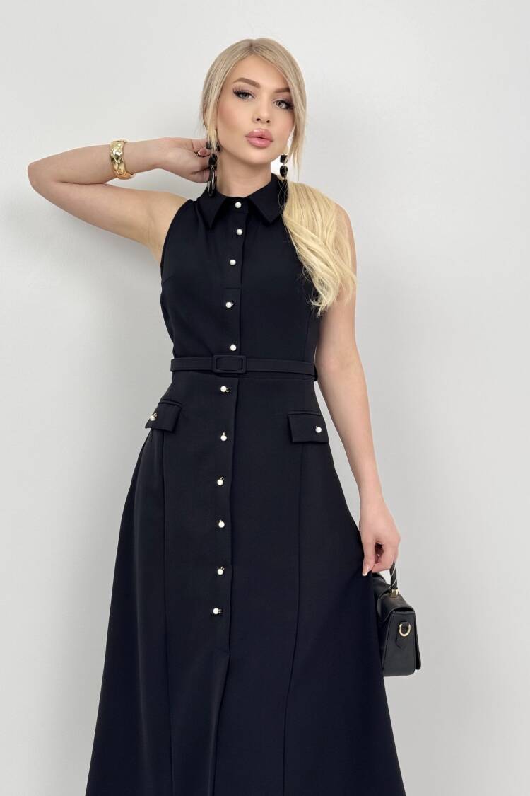 Pearl Buttoned Belted Sleeveless Long Dress
