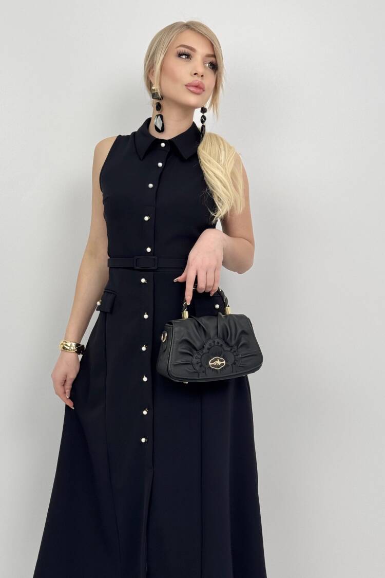 Pearl Buttoned Belted Sleeveless Long Dress