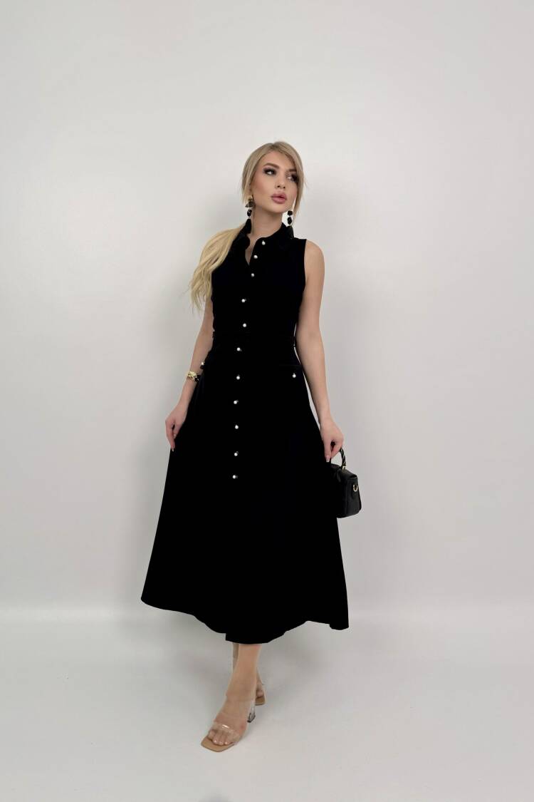 Pearl Buttoned Belted Sleeveless Long Dress