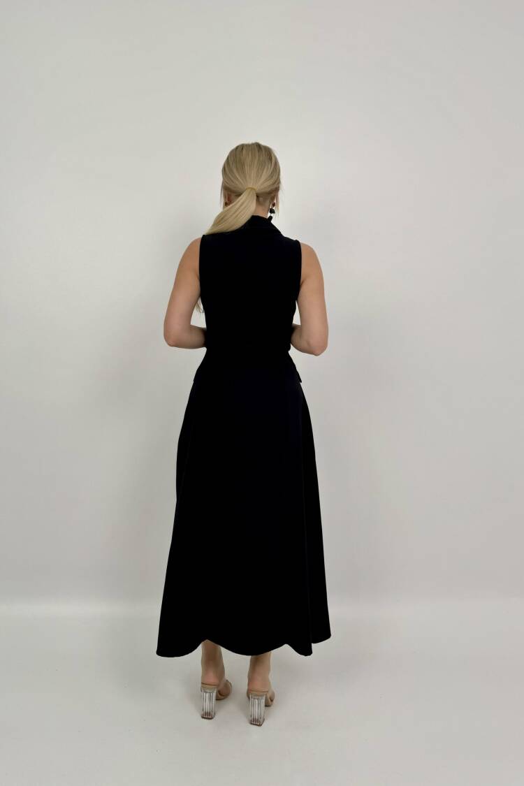Pearl Buttoned Belted Sleeveless Long Dress