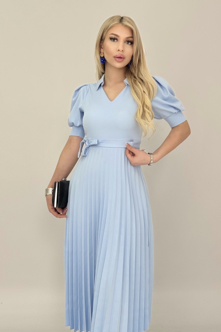 Pleated Dress Short Sleeve V Neck