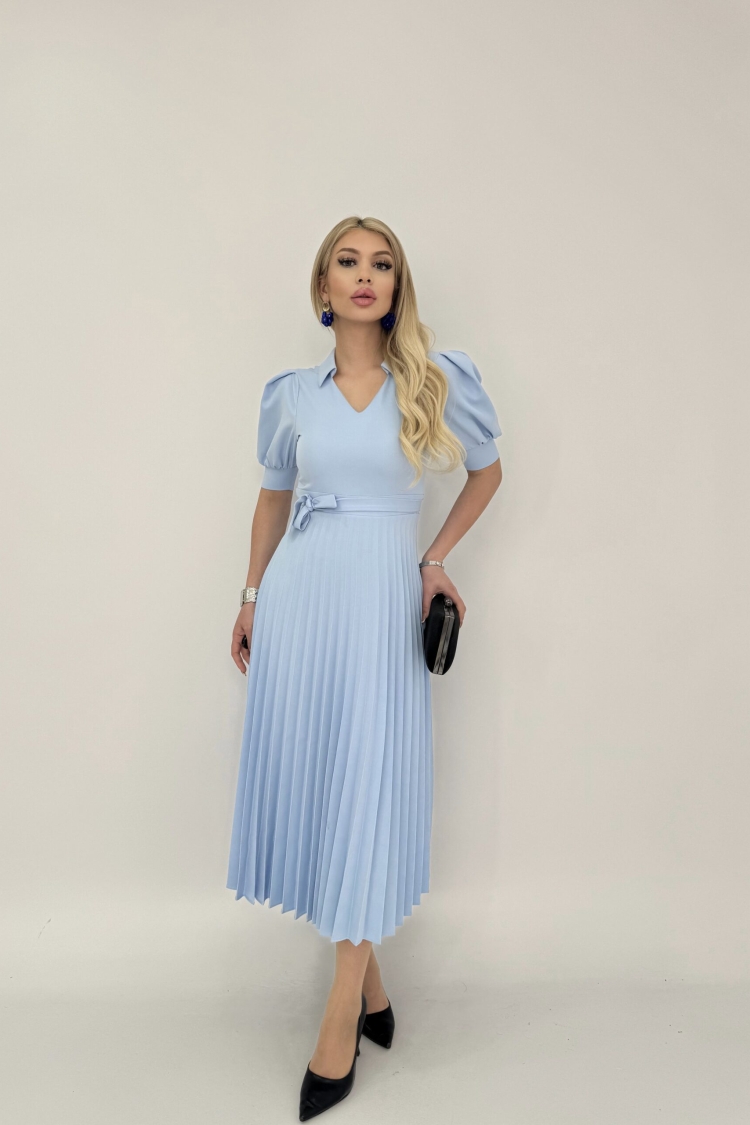 Pleated Dress Short Sleeve V Neck
