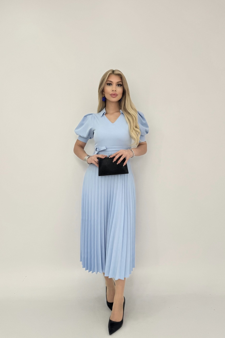 Pleated Dress Short Sleeve V Neck