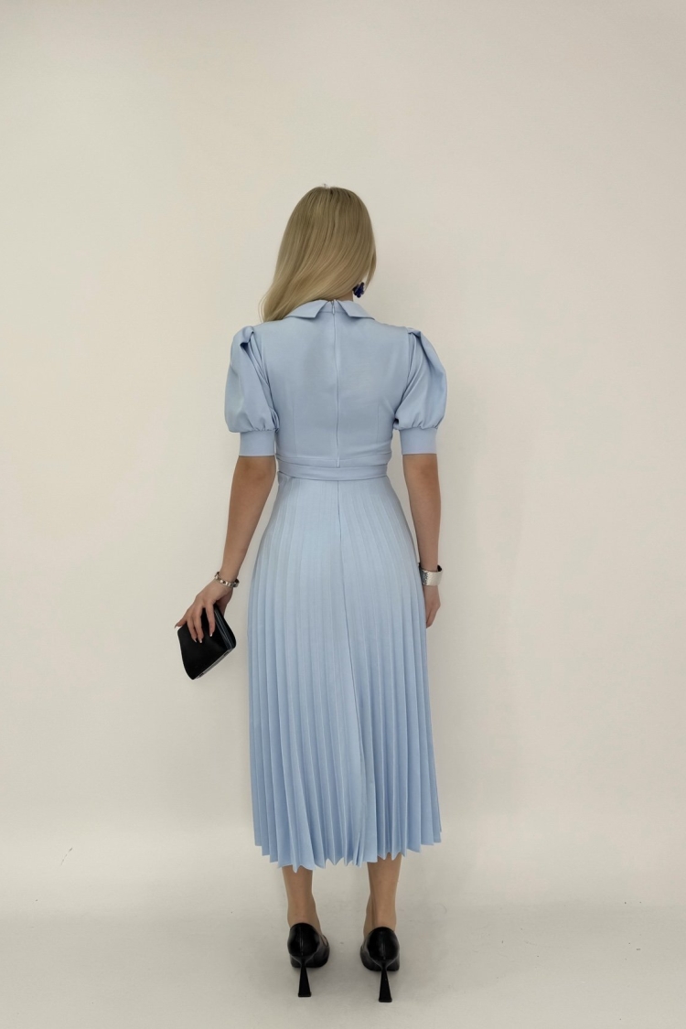 Pleated Dress Short Sleeve V Neck