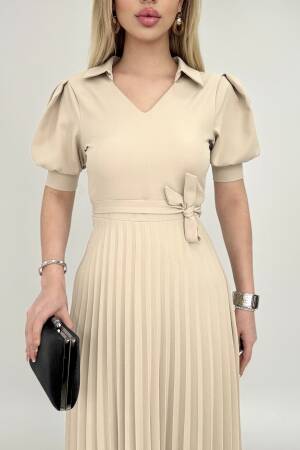 Pleated Dress Short Sleeve V Neck - Miss Janell - Globality Store - Women Clothes Wholesale Turkey