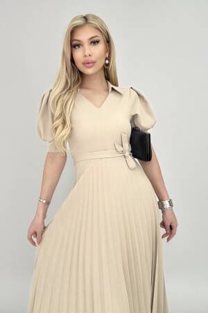 Pleated Dress Short Sleeve V Neck - Miss Janell - Globality Store - Women Clothes Wholesale Turkey