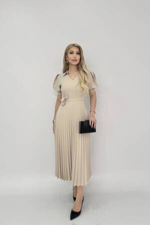 Pleated Dress Short Sleeve V Neck - Miss Janell - Globality Store - Women Clothes Wholesale Turkey