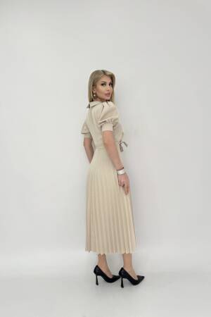 Pleated Dress Short Sleeve V Neck - Miss Janell - Globality Store - Women Clothes Wholesale Turkey