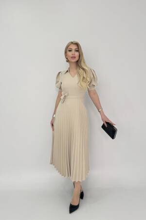 Pleated Dress Short Sleeve V Neck - Miss Janell - Globality Store - Women Clothes Wholesale Turkey