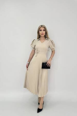 Pleated Dress Short Sleeve V Neck - Miss Janell - Globality Store - Women Clothes Wholesale Turkey