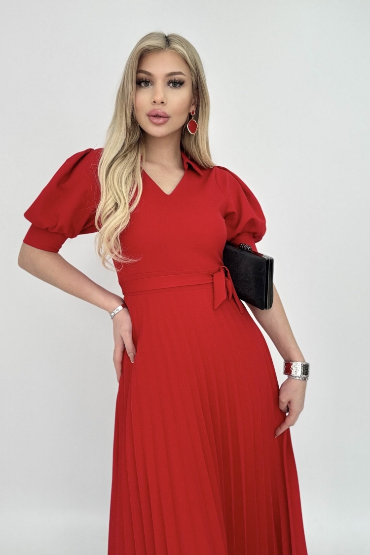 Pleated Dress Short Sleeve V Neck