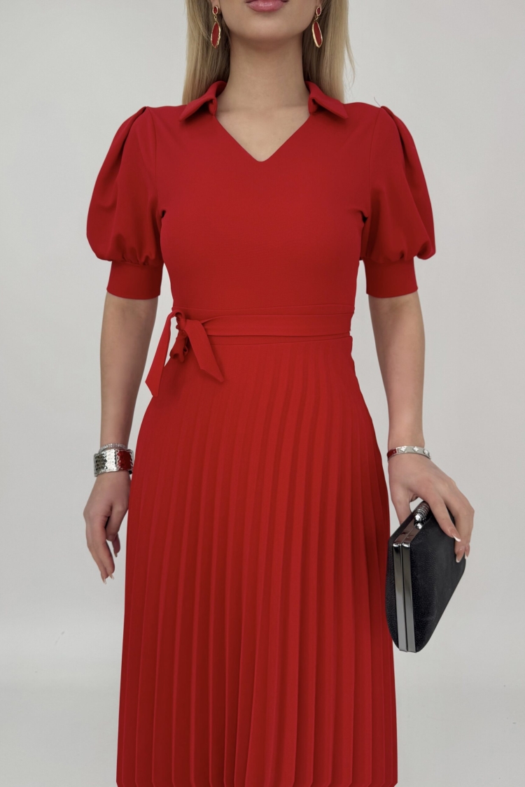 Pleated Dress Short Sleeve V Neck