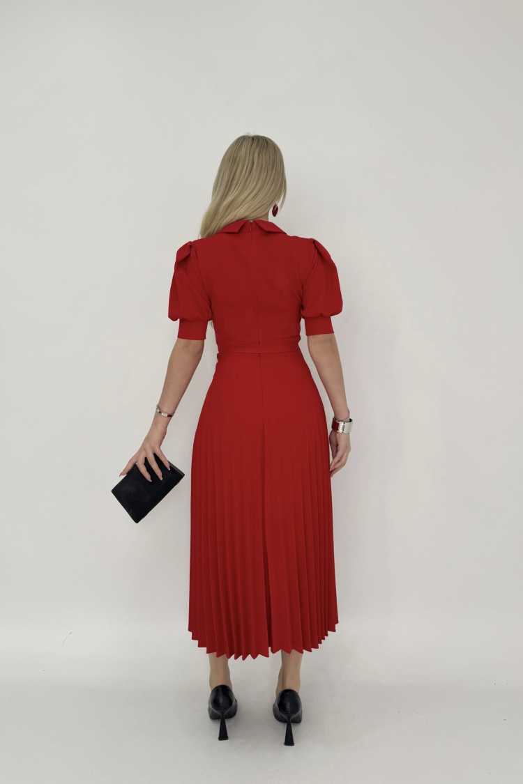Pleated Dress Short Sleeve V Neck