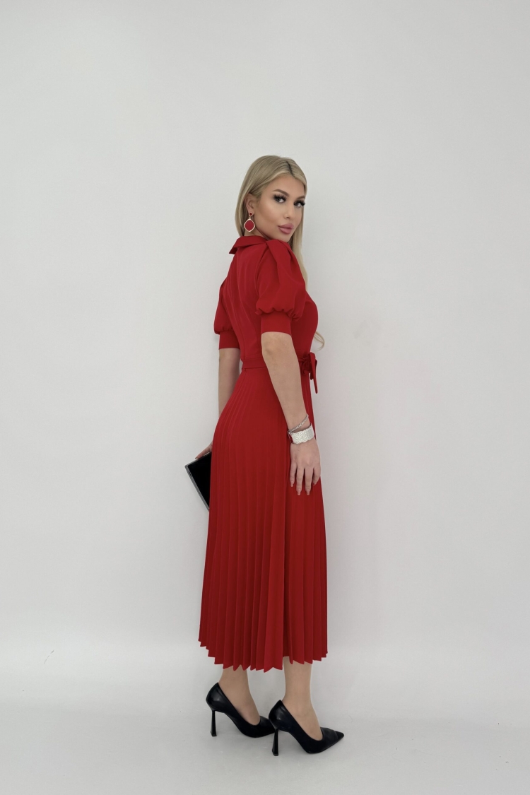Pleated Dress Short Sleeve V Neck