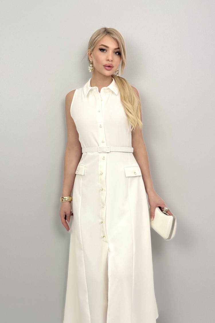 Pearl Buttoned Belted Sleeveless Long Dress