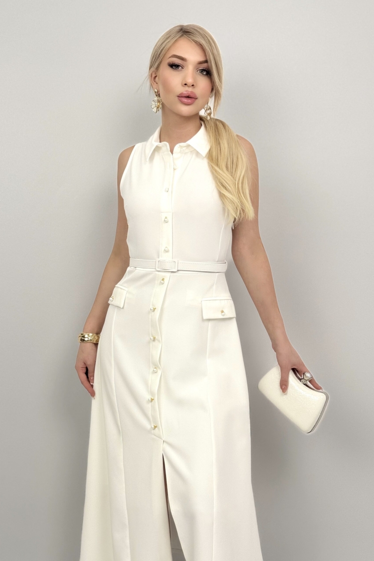 Pearl Buttoned Belted Sleeveless Long Dress