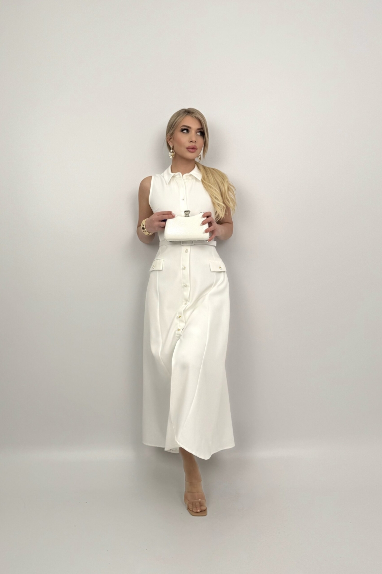 Pearl Buttoned Belted Sleeveless Long Dress