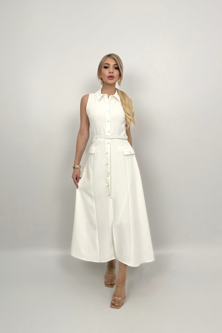 Pearl Buttoned Belted Sleeveless Long Dress - Miss Janell - Globality Store - Women Clothes Wholesale Turkey