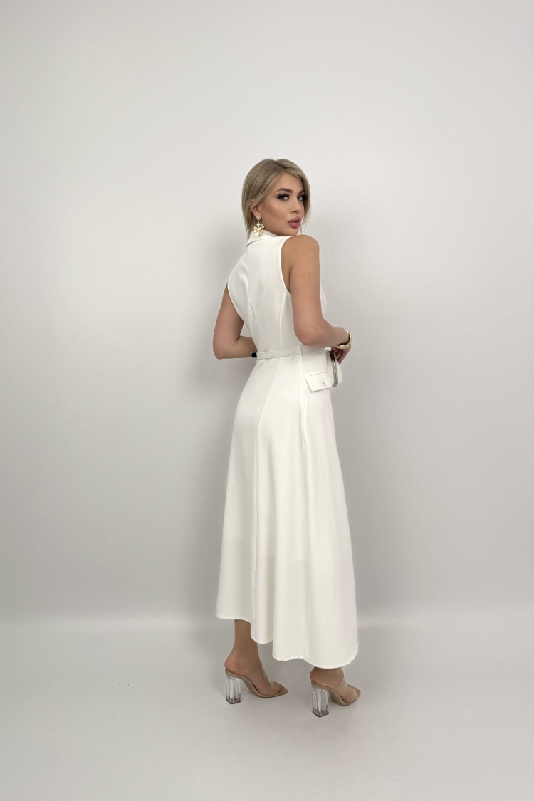 Pearl Buttoned Belted Sleeveless Long Dress