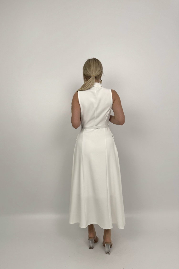 Pearl Buttoned Belted Sleeveless Long Dress