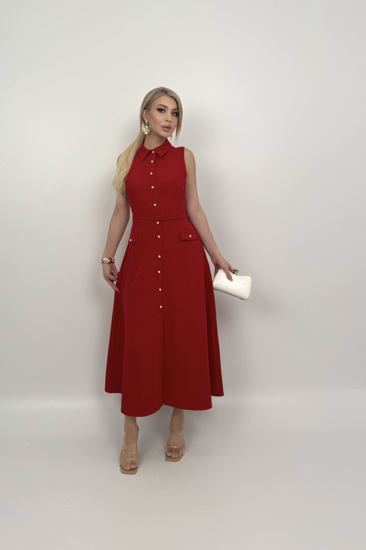 Pearl Buttoned Belted Sleeveless Long Dress - Miss Janell - Globality Store - Women Clothes Wholesale Turkey