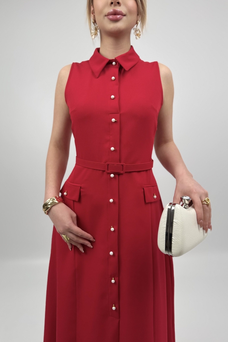 Pearl Buttoned Belted Sleeveless Long Dress