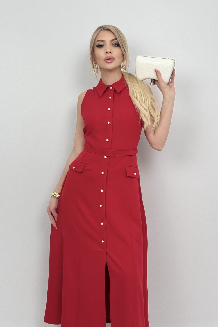 Pearl Buttoned Belted Sleeveless Long Dress