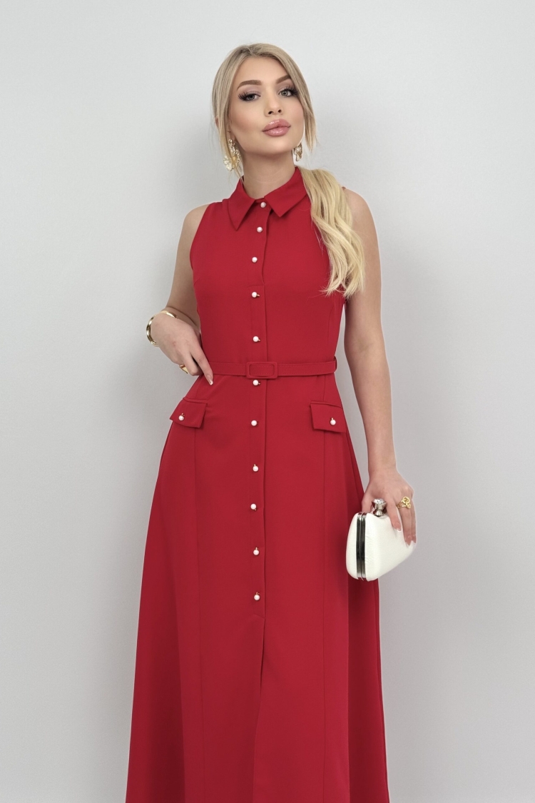 Pearl Buttoned Belted Sleeveless Long Dress