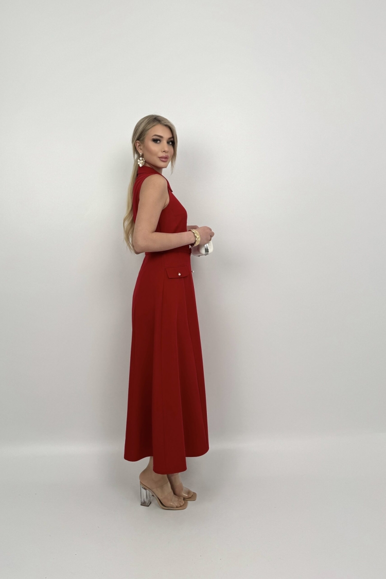 Pearl Buttoned Belted Sleeveless Long Dress