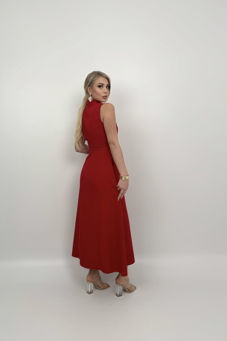 Pearl Buttoned Belted Sleeveless Long Dress
