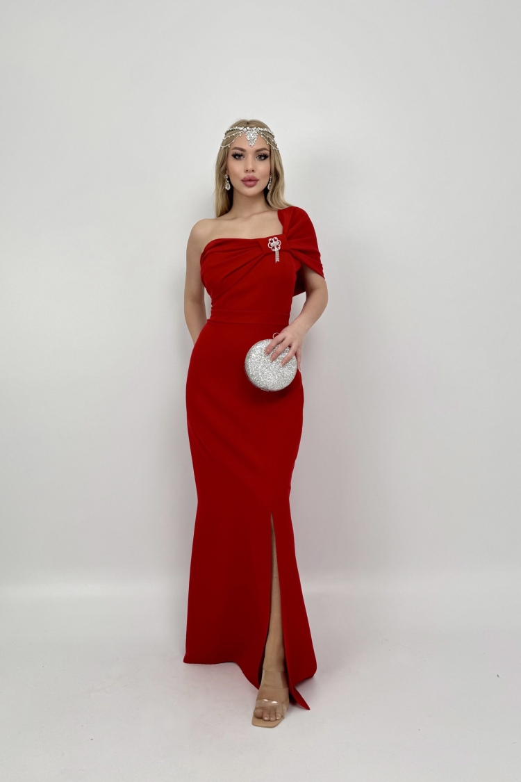 Dress With A Brooch On The Shoulder - Miss Janell - Globality Store - Women Clothes Wholesale Turkey